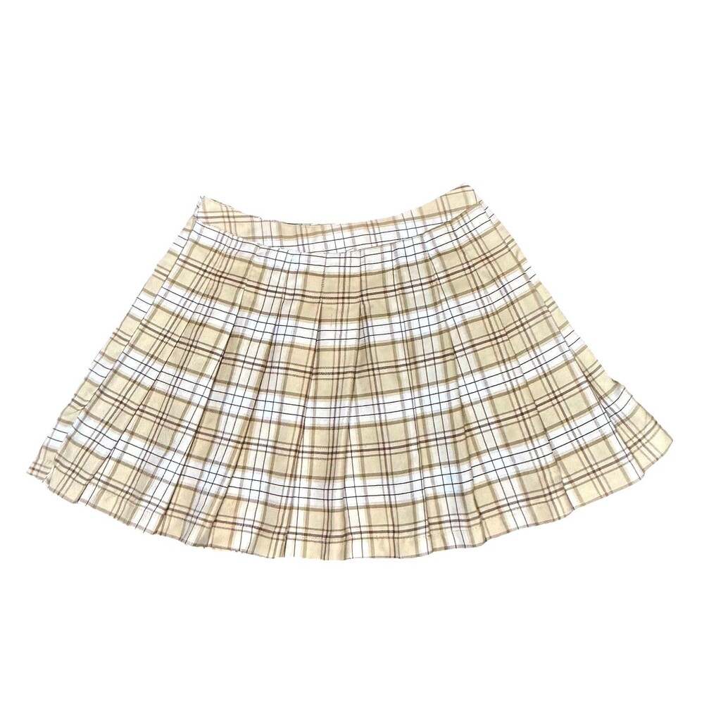 Beige Plaid Pleated Mini Skirt M Preppy Y2K Schoolgirl Aesthetic - Picture 2 of 7